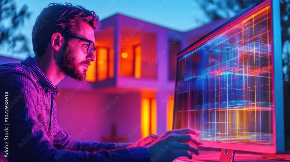 Fototapeta premium Energy consultant analyzing building performance on a computer, business energy efficiency audit, Energy Efficiency Audit
