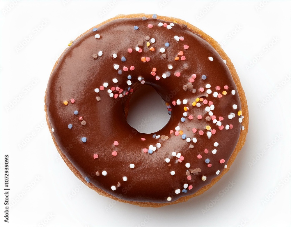 Chocolate donut with sprinkles, top-down view, isolated on white background, perfect for bakery ads, dessert menus, and food marketing Chocolate donut with sprinkles, top-down view, isolated on white background, perfect for bakery ads, dessert menus, and food marketing