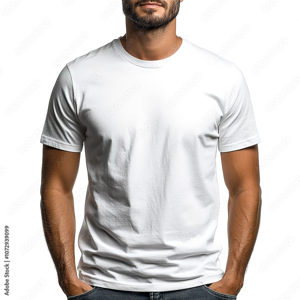Obraz premium Classic white T-shirt isolated on a white background, front view, perfect for apparel stock photos and product mockups