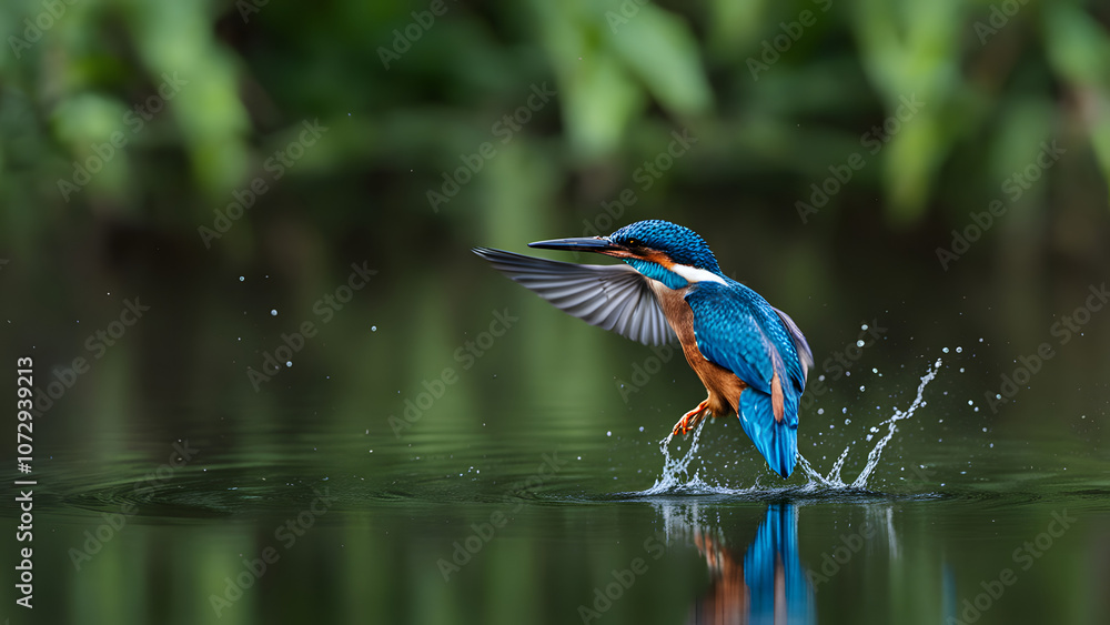 Obraz premium Blue kingfisher diving towards a forest pond, Ai generated