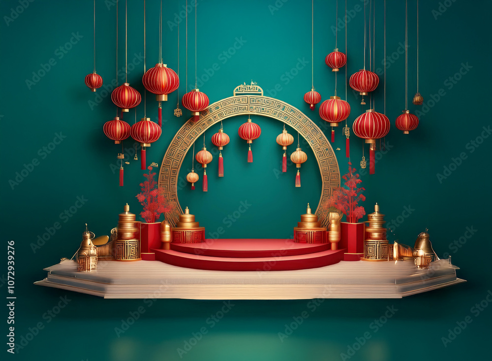 A red podium with gold accents sits in front of a gold and red circular frame adorned with hanging red lanterns against a teal backdrop. A red podium with gold accents sits in front of a gold and red circular frame adorned with hanging red lanterns against a teal backdrop.