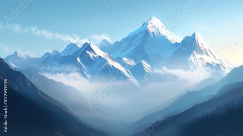 Snow capped peaks  Dramatic mountain view with fog rolling through valleys