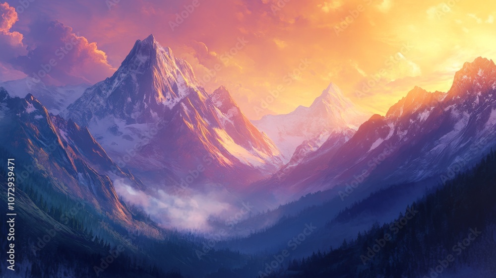 Sunrise over a mountain range - Lush mountains with soft morning light casting warm colors Sunrise over a mountain range - Lush mountains with soft morning light casting warm colors