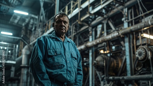 Serious worker in blue jumpsuit stands in industrial setting.