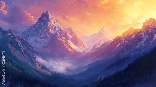 Sunrise over a mountain range - Lush mountains with soft morning light casting warm colors