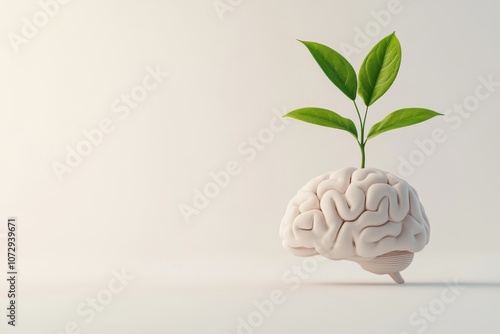A brain with a small green plant sprouting from it symbolizes growth, creativity, and the nurturing of ideas.