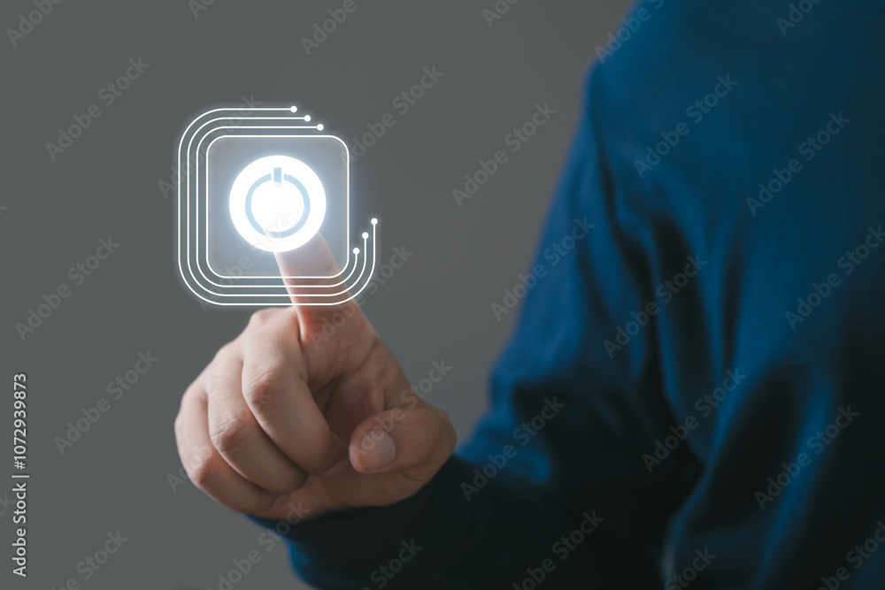 A person touching a digital interface with a timer icon, showcasing technology, innovation, and user interaction. A person touching a digital interface with a timer icon, showcasing technology, innovation, and user interaction.