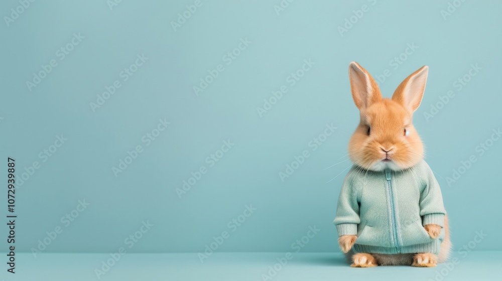 Obraz premium Cute rabbit wearing a sweater against a pastel background.