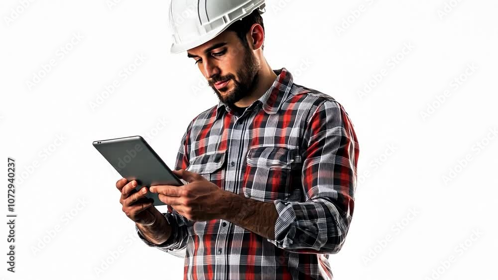 Action shot of an engineer man inspecting a building with a tablet, isolated on a white background. Action shot of an engineer man inspecting a building with a tablet, isolated on a white background.
