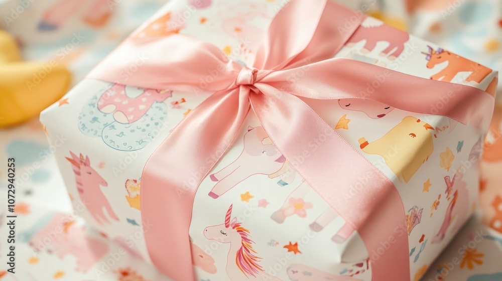 A pink gift box with a unicorn design on the wrapping paper, tied with a pink satin ribbon. A pink gift box with a unicorn design on the wrapping paper, tied with a pink satin ribbon.