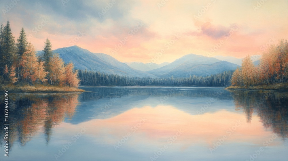 A calm lake with perfect reflections of trees and mountains, under a pastel-colored sky A calm lake with perfect reflections of trees and mountains, under a pastel-colored sky