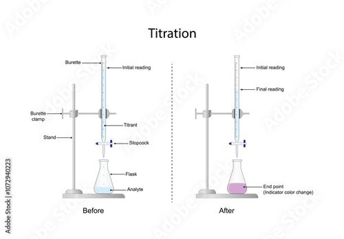 Titration procedure. Titrant in a burette and analyte in a conical flask, scientific experiment in the laboratory. Scientific vector illustration.	