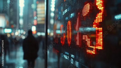 Glowing stock market numbers on digital displays with a blurred cityscape background, highlighting the fast-paced nature of finance