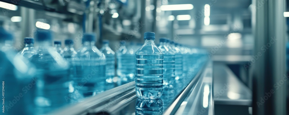 A line of clear water bottles moves along a conveyor belt in a factory, showcasing an automated production process. A line of clear water bottles moves along a conveyor belt in a factory, showcasing an automated production process.