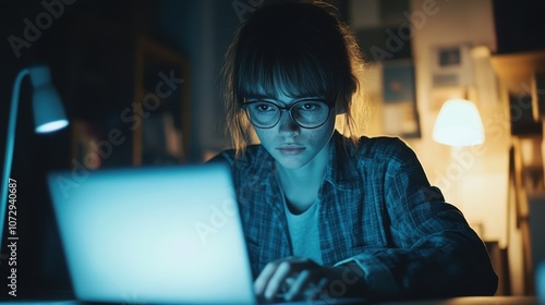 A focused individual with glasses types on a laptop in a dimly lit room, illuminated by the screen, showcasing a moment of concentration.