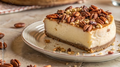 Wallpaper Mural A slice of creamy cheesecake with a pecan topping, resting on a white plate, surrounded by scattered pecans on a light brown surface. Torontodigital.ca