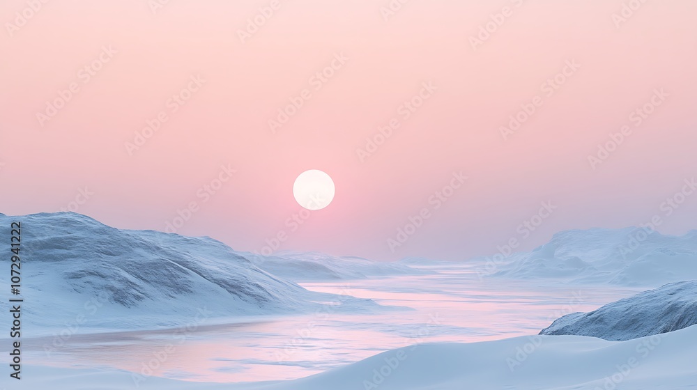 Snowy Mountain Landscape with Pink Sky and Sun Snowy Mountain Landscape with Pink Sky and Sun
