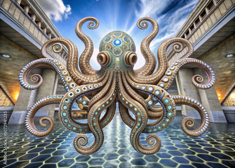 Surreal Art Deco Octopus Drawing with Intricate Patterns and Vibrant Colors, Merging Organic Forms and Geometric Shapes in an Enigmatic Underwater Scene Surreal Art Deco Octopus Drawing with Intricate Patterns and Vibrant Colors, Merging Organic Forms and Geometric Shapes in an Enigmatic Underwater Scene