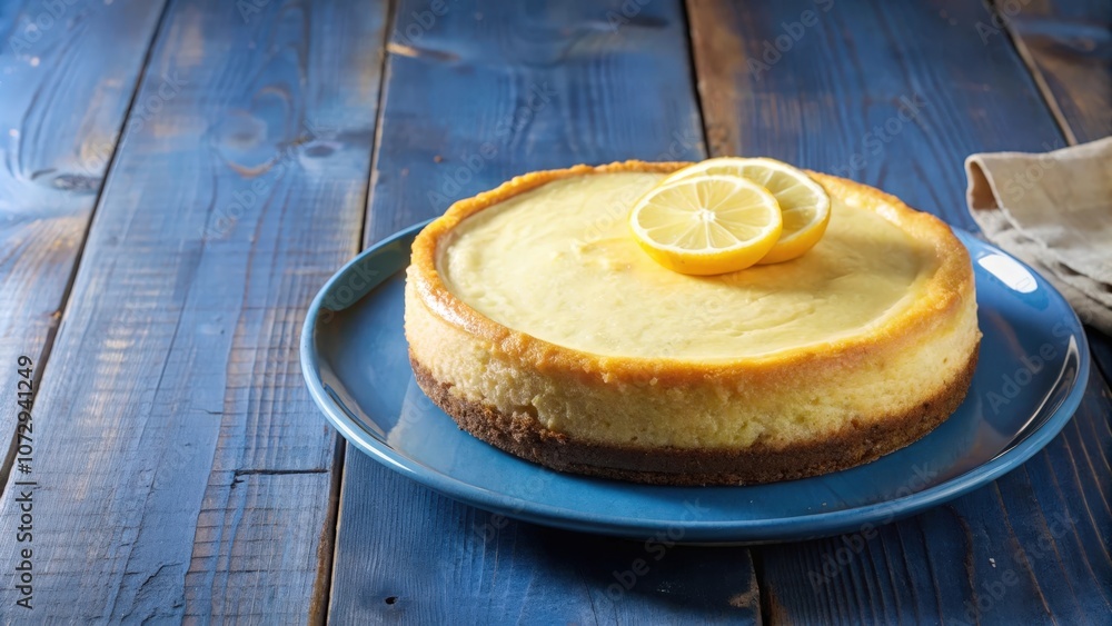 Lemon cheesecake on a blue plate, garnished with lemon slices, placed on a wooden surface. Lemon cheesecake on a blue plate, garnished with lemon slices, placed on a wooden surface.