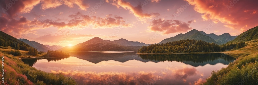 Sunset nature landscape of mountains and lakes during summer Golden and pink cloudy sky Sunset nature landscape of mountains and lakes during summer Golden and pink cloudy sky