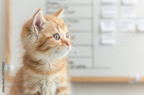 Cute orange kitten in a bright room. photo