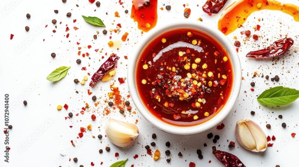 Vibrant chili oil with spices and garlic arranged artfully on a white surface highlighting culinary creativity Vibrant chili oil with spices and garlic arranged artfully on a white surface highlighting culinary creativity