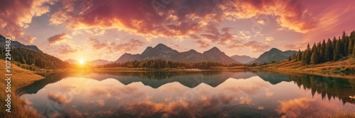 Wallpaper Mural Sunset nature landscape of mountains and lakes during summer Golden and pink cloudy sky Torontodigital.ca
