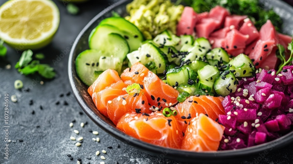 A close-up of a colorful poke bowl with salmon, tuna, cucumber, avocado, and pickled ginger. A close-up of a colorful poke bowl with salmon, tuna, cucumber, avocado, and pickled ginger.