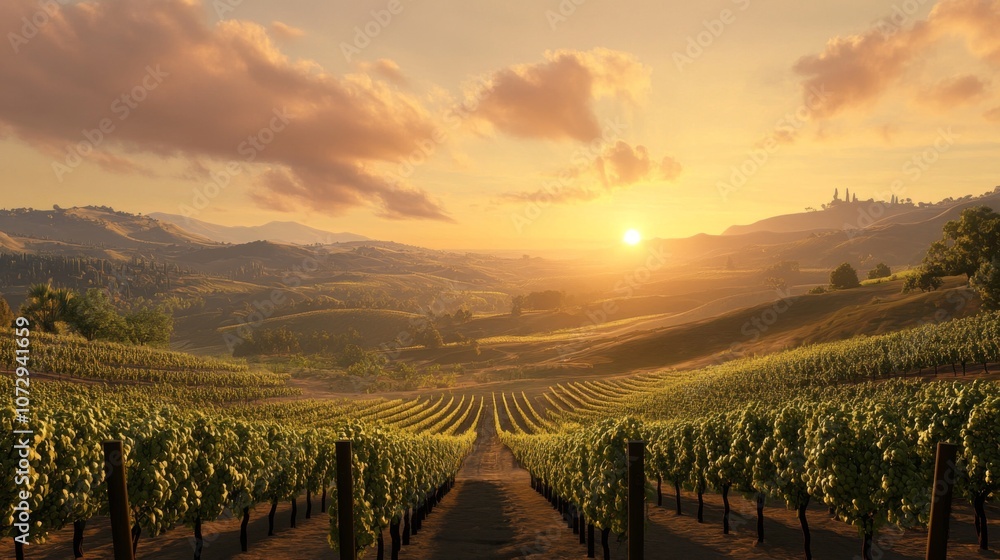 A vineyard with rows of grapevines, set on rolling hills with a setting sun A vineyard with rows of grapevines, set on rolling hills with a setting sun