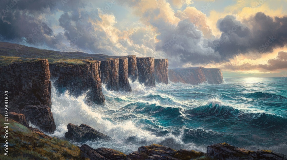 Rugged cliffs overlooking a stormy ocean, with waves crashing below and dramatic clouds Rugged cliffs overlooking a stormy ocean, with waves crashing below and dramatic clouds