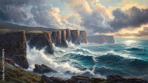 Rugged cliffs overlooking a stormy ocean, with waves crashing below and dramatic clouds