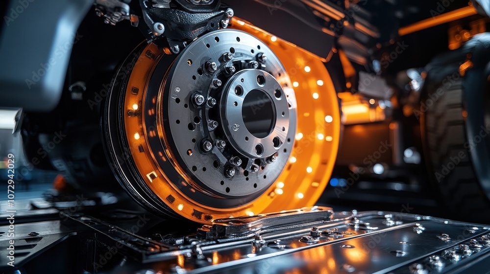 A close-up of a high-performance brake system showcasing intricate details, glowing components, and precision engineering. A close-up of a high-performance brake system showcasing intricate details, glowing components, and precision engineering.