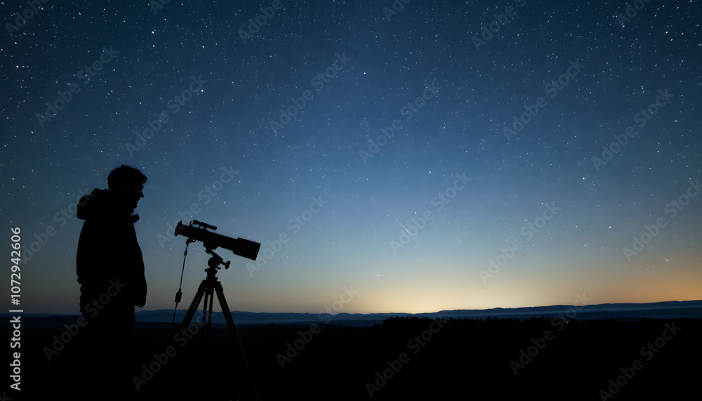 Silhouette of a man, telescope and countryside under the starry skies isolated with white highlights, png Silhouette of a man, telescope and countryside under the starry skies isolated with white highlights, png