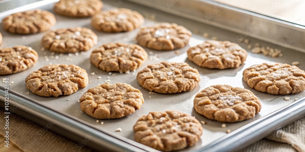 Freshly baked, golden brown cookies dusted with a sprinkle of sea salt rest on a baking sheet, inviting a sweet and savory treat. Freshly baked, golden brown cookies dusted with a sprinkle of sea salt rest on a baking sheet, inviting a sweet and savory treat.