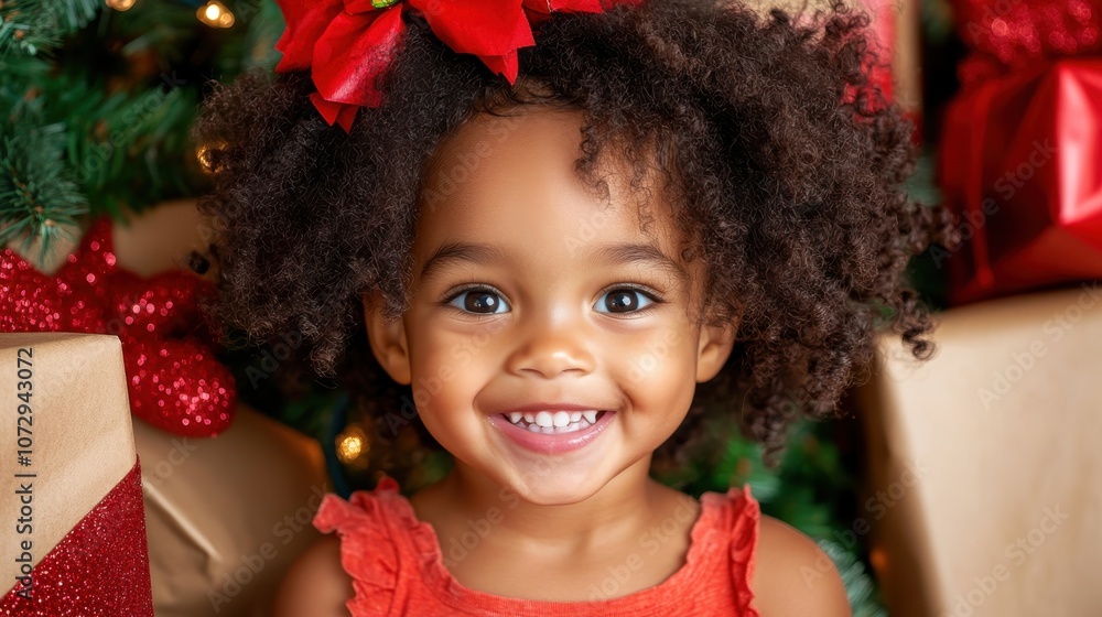A joyful child with curly hair and a red bow smiles brightly in front of Christmas decorations and gift boxes. A joyful child with curly hair and a red bow smiles brightly in front of Christmas decorations and gift boxes.