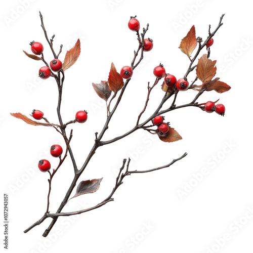 A close-up of a branch adorned with vibrant red berries and charming leaves, showcasing nature's beauty in detail, perfect for seasonal themes.