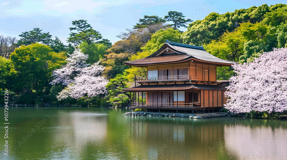 A traditional Japanese house on a tranquil lake with cherry blossoms in full bloom. A traditional Japanese house on a tranquil lake with cherry blossoms in full bloom.