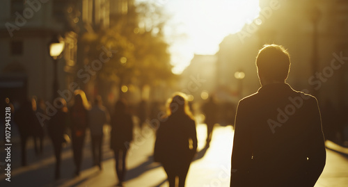 A crowd of people walking down the street, blurred background, closeup shot, crowd, urban setting, Ai