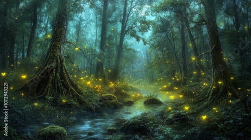 A dense, foggy swamp with gnarled trees, moss-covered rocks, and glowing fireflies