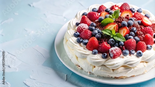 Delicate Meringue Cake Topped with a Bountiful Arrangement of Fresh Raspberries, Strawberries, and Blueberries, Decorated with Fresh Mint Leaves