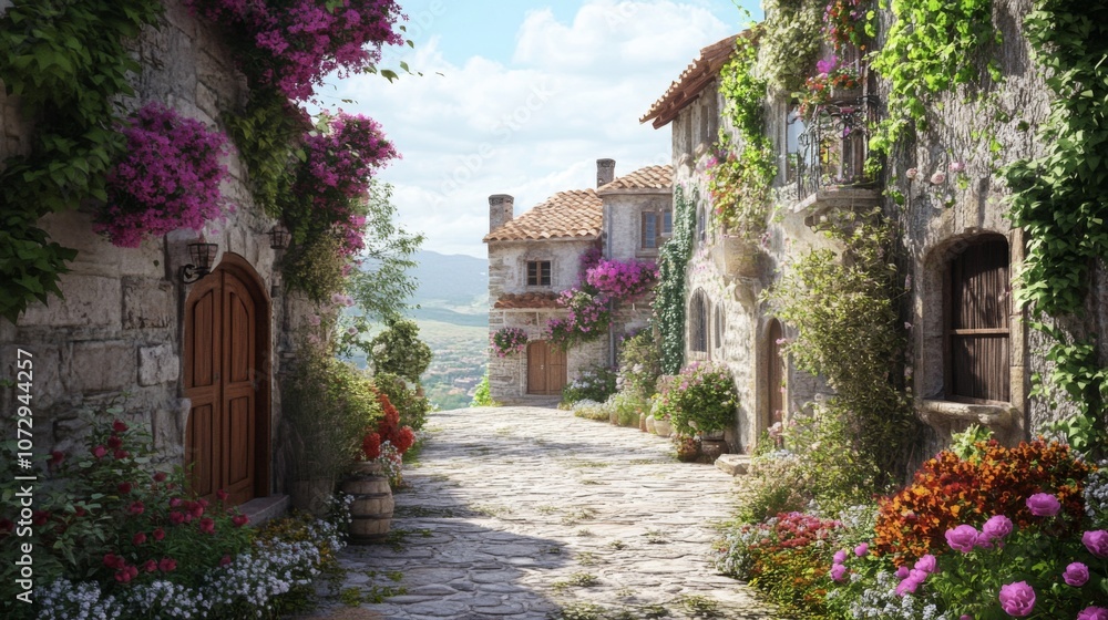 Fototapeta premium A quaint European village with cobblestone streets and flower covered buildings