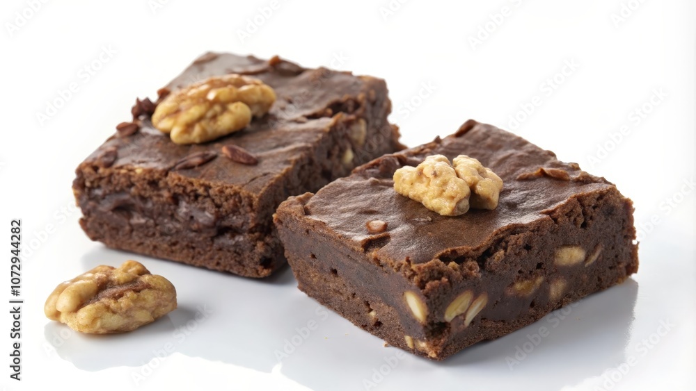 Two chocolate brownies with walnuts on a white background. The brownies are rich and decadent, with a glossy top and a chewy texture. The walnuts add a touch of crunch and nutty flavor. Two chocolate brownies with walnuts on a white background. The brownies are rich and decadent, with a glossy top and a chewy texture. The walnuts add a touch of crunch and nutty flavor.