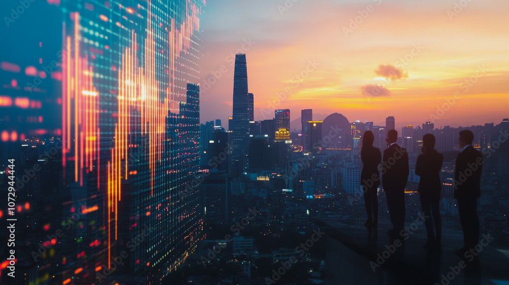 Abstract business team stands on the peak of success amid tall, innovative Smart city and graphs with statistics to analyze business potential and predict future developments in company growth. Abstract business team stands on the peak of success amid tall, innovative Smart city and graphs with statistics to analyze business potential and predict future developments in company growth.