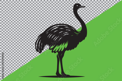 A black silhouette of an ostrich standing in profile