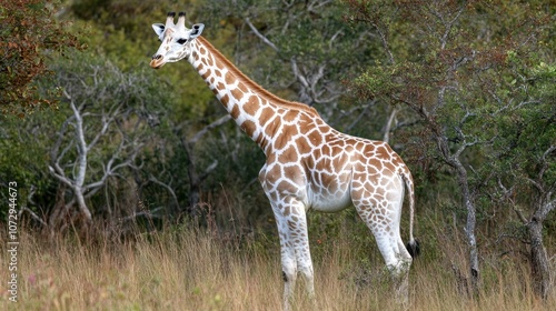 A giraffe stands in a grassy field with trees in the background.