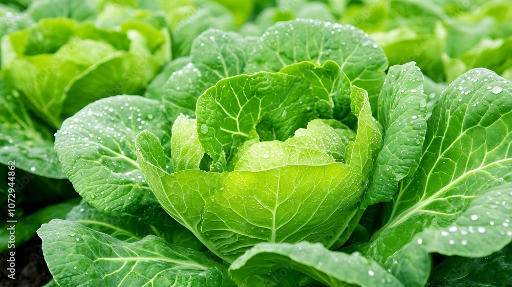 Close-Up of Fresh Green Cabbage Heads with Dew Droplets in Lush Field Close-Up of Fresh Green Cabbage Heads with Dew Droplets in Lush Field