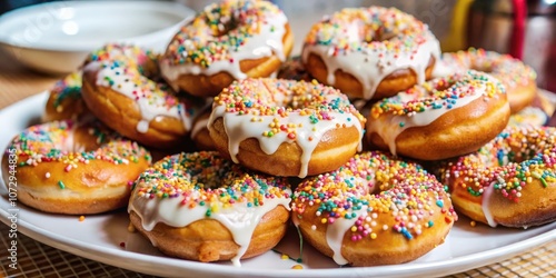Wallpaper Mural A plate overflowing with frosted donuts, each adorned with vibrant sprinkles, a delightful treat for any occasion. Torontodigital.ca