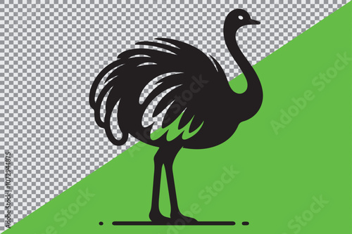 A black silhouette of an ostrich standing in profile