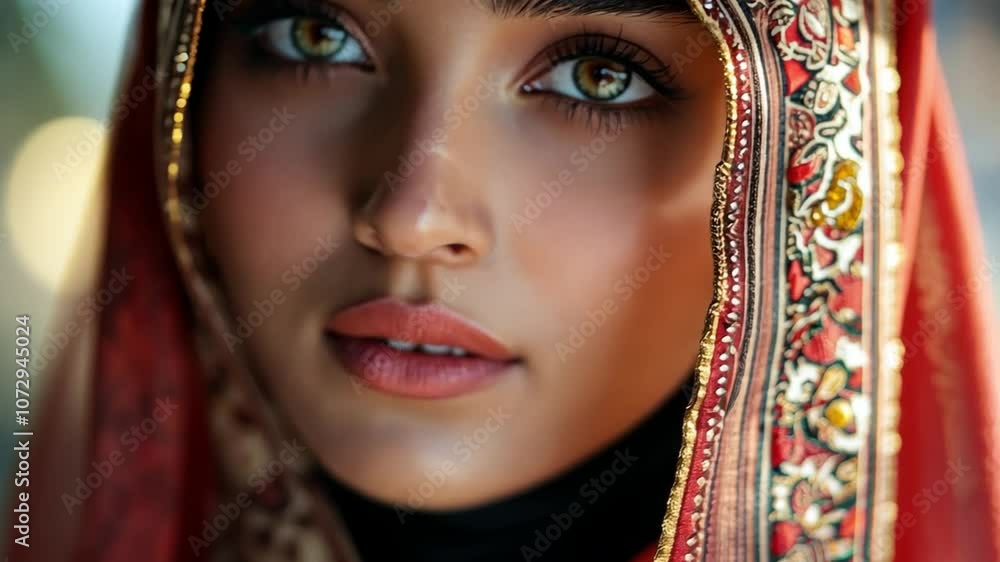 Close-up portrait of a Muslim woman, highlighting her traditional attire. Close-up portrait of a Muslim woman, highlighting her traditional attire.
