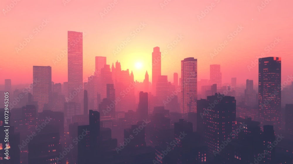 A modern city skyline at sunset, buildings silhouetted against a pink and orange sky A modern city skyline at sunset, buildings silhouetted against a pink and orange sky